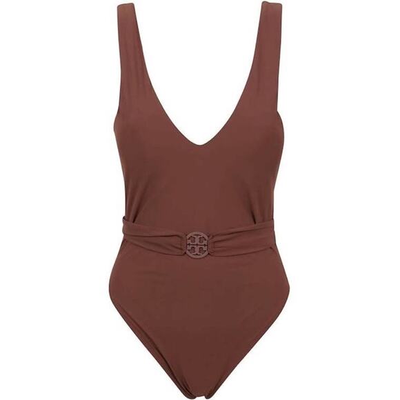 Tory Burch Miller Plunge One Piece Logo Belted Swimsuit - Picture 5 of 10